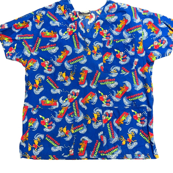 Womens Christmas Scrub Top Set of 2 Medium Rudolph & Vacation Santa V Neck - Picture 3 of 8